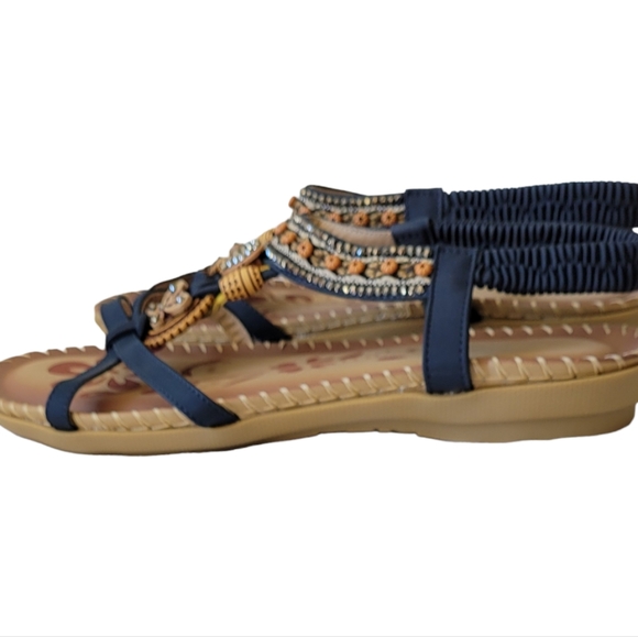 Women's Flat Sandals, Blue, Tan, Beaded. Size 10 - Picture 5 of 6